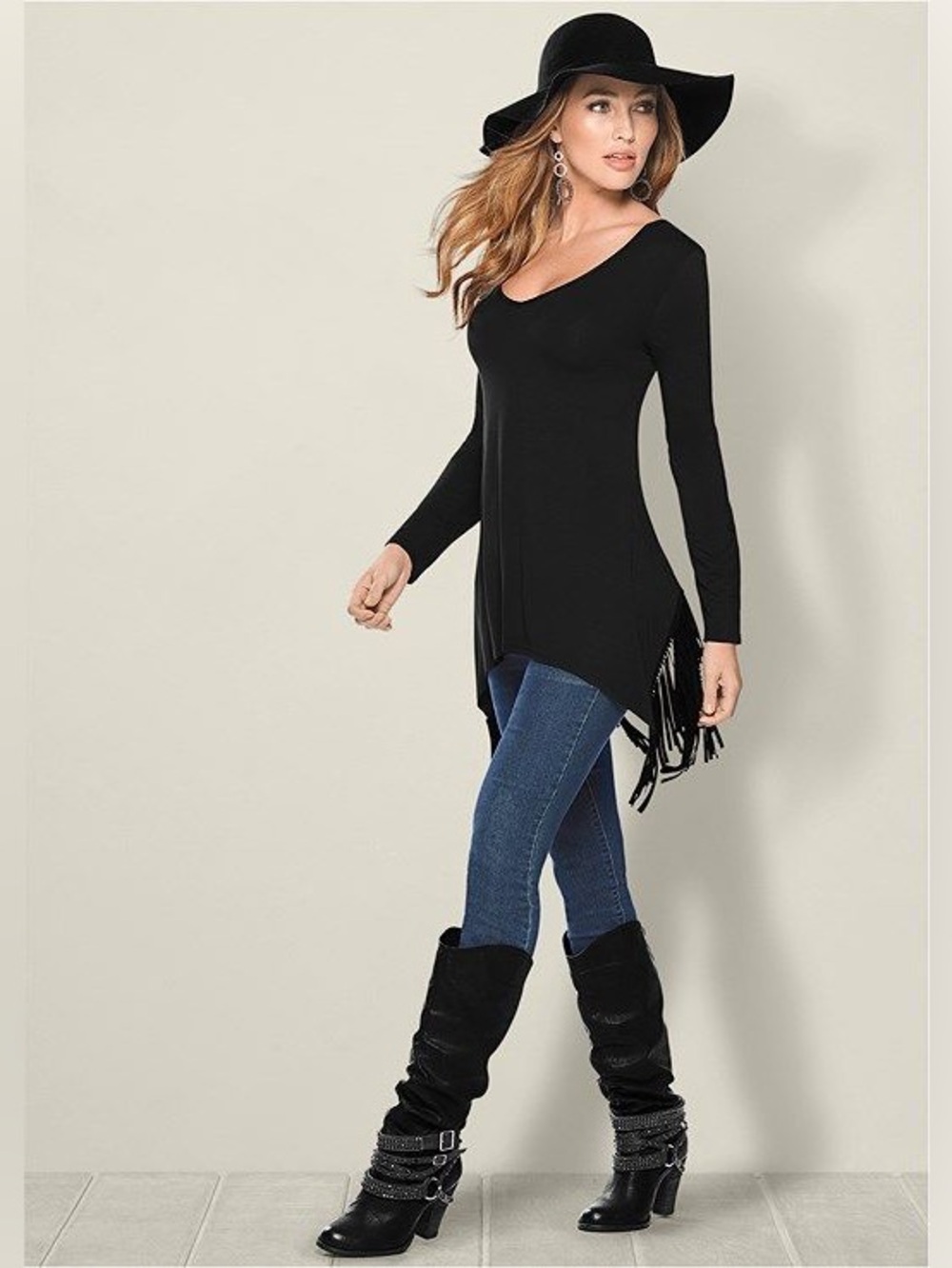Venus Black V-Neck Long Sleeve Fringe Hem Top